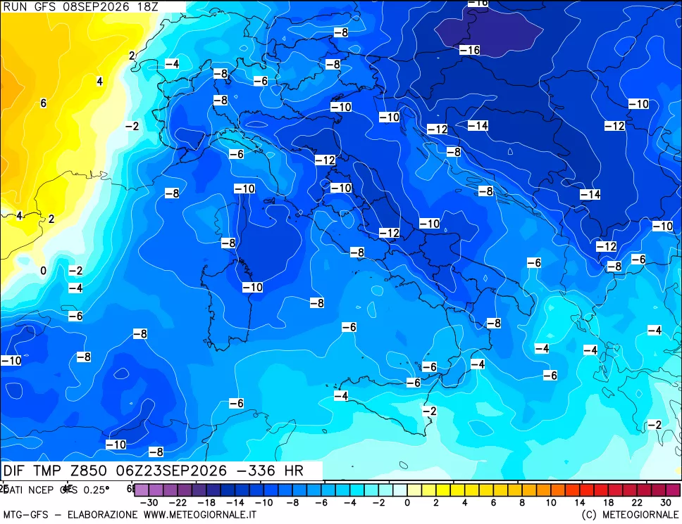 mappa Dif. Temp a 850 hPa Valid - Init