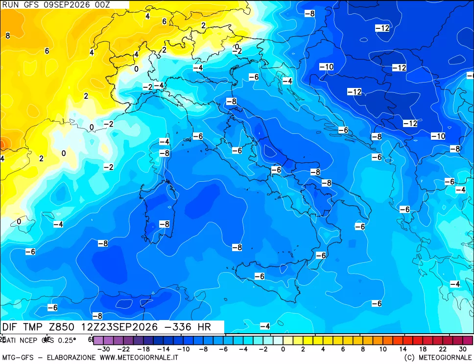 mappa Dif. Temp a 850 hPa Valid - Init