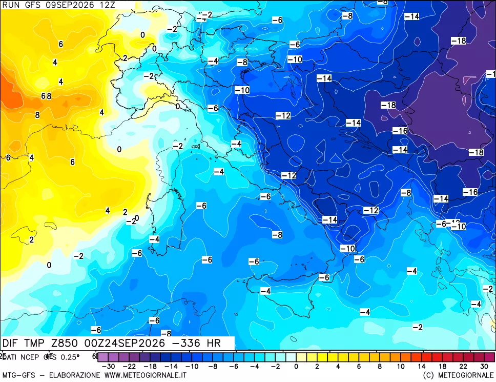 mappa Dif. Temp a 850 hPa Valid - Init