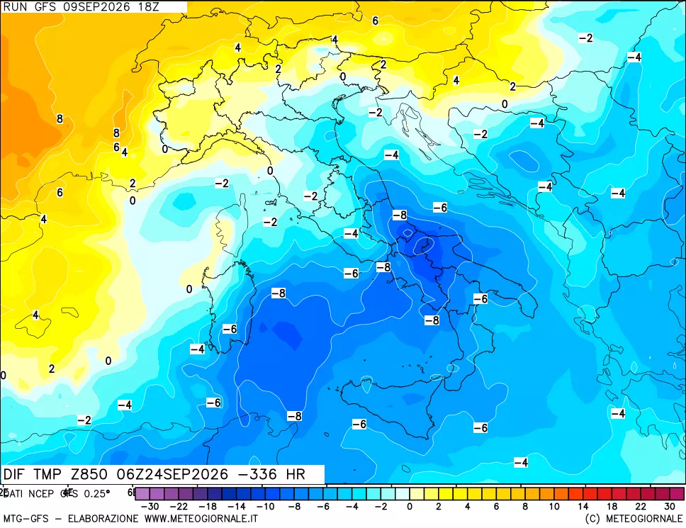 mappa Dif. Temp a 850 hPa Valid - Init