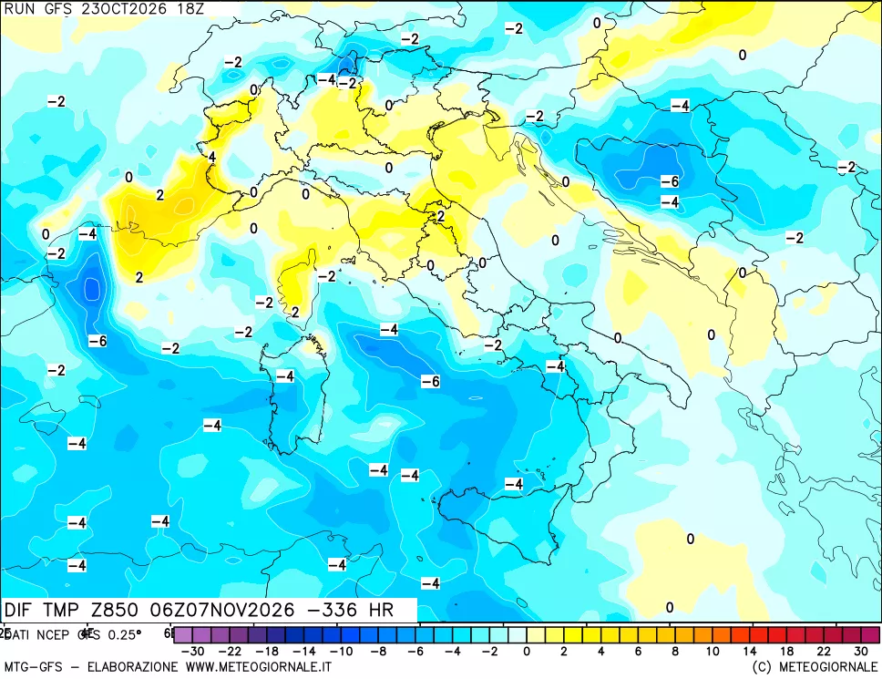mappa Dif. Temp a 850 hPa Valid - Init