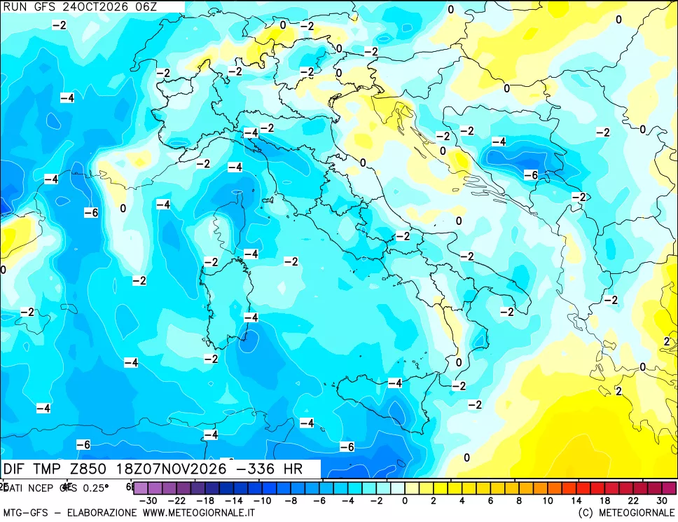 mappa Dif. Temp a 850 hPa Valid - Init