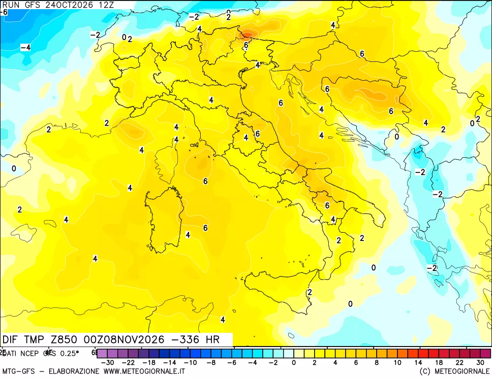mappa Dif. Temp a 850 hPa Valid - Init