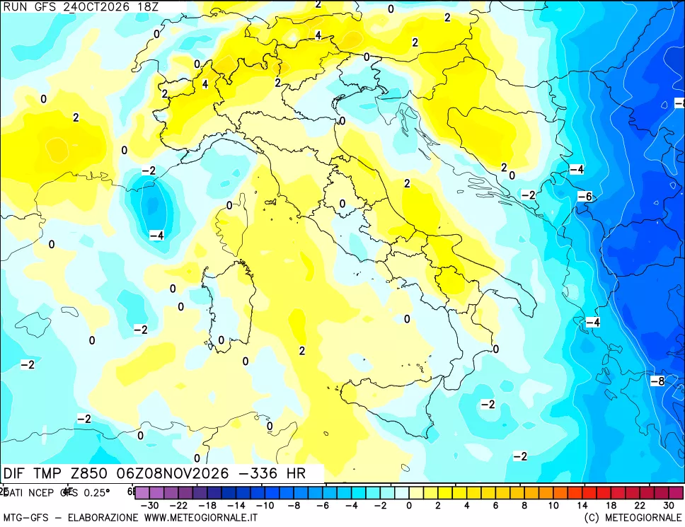mappa Dif. Temp a 850 hPa Valid - Init