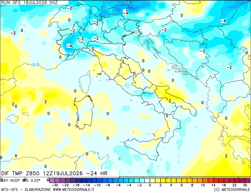 mappa Dif. Temp a 850 hPa Valid - Init