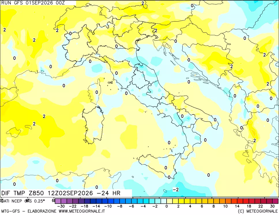 mappa Dif. Temp a 850 hPa Valid - Init