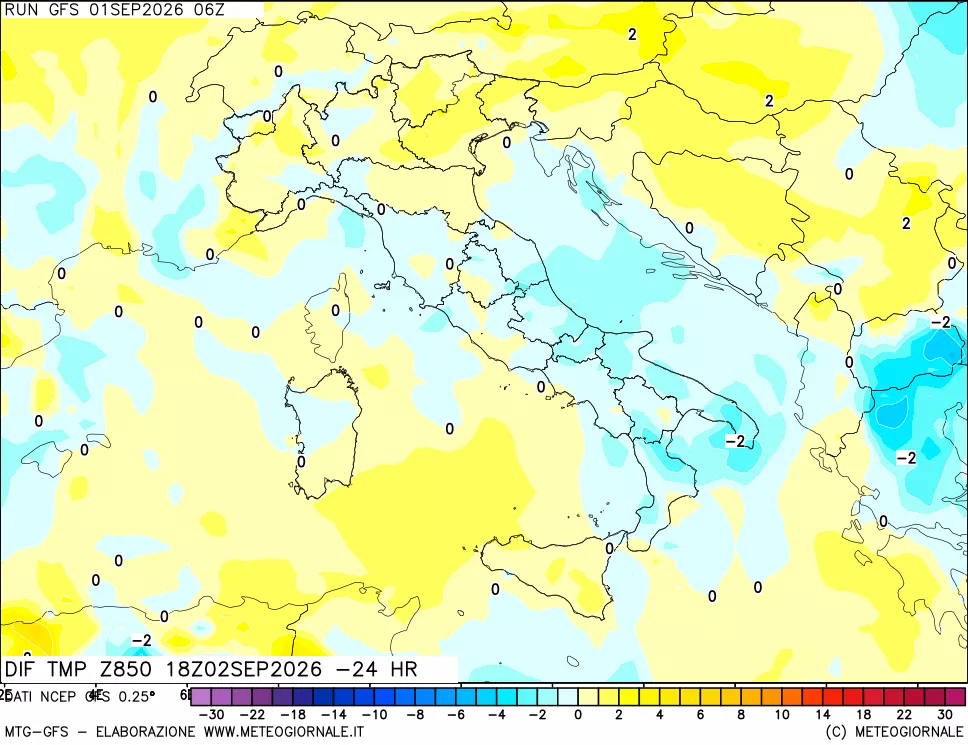 mappa Dif. Temp a 850 hPa Valid - Init
