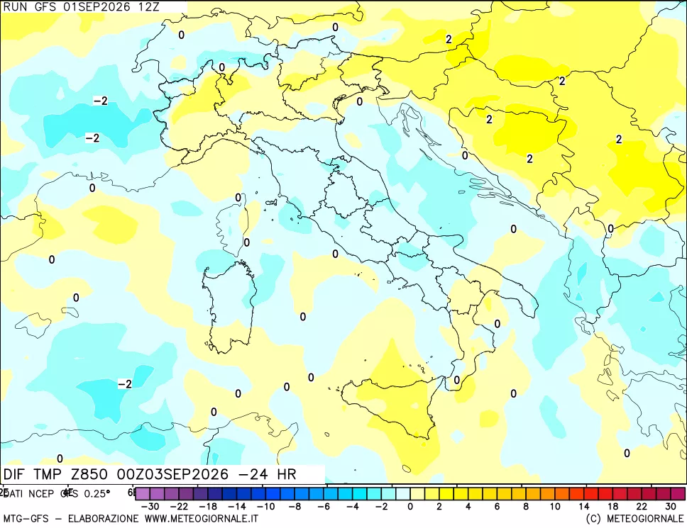 mappa Dif. Temp a 850 hPa Valid - Init