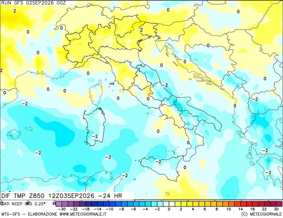 mappa Dif. Temp a 850 hPa Valid - Init