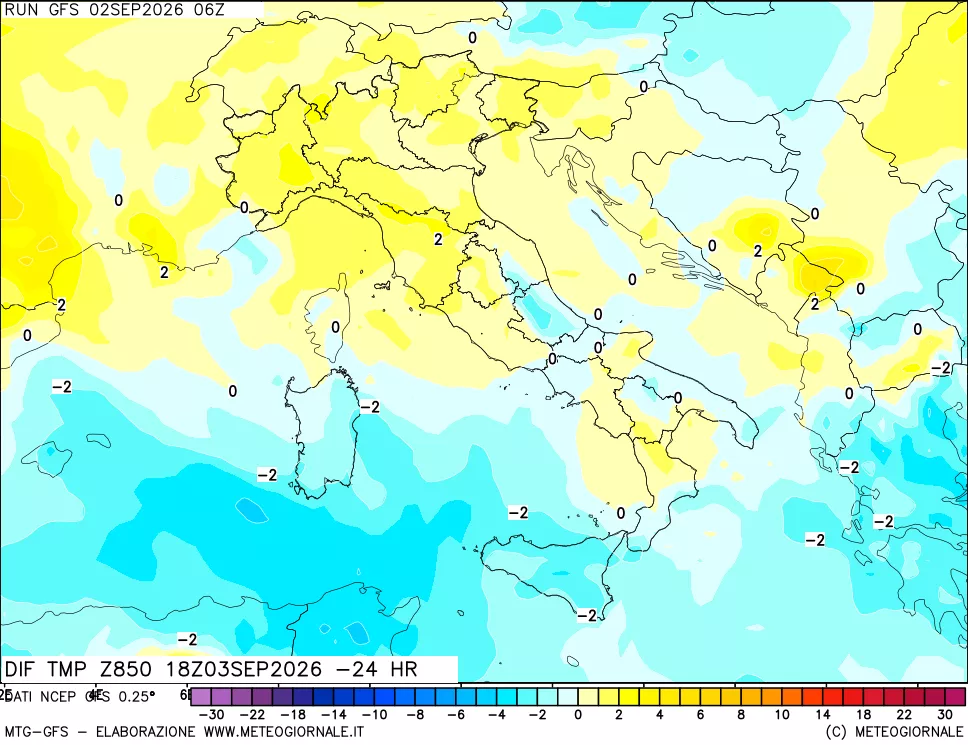 mappa Dif. Temp a 850 hPa Valid - Init