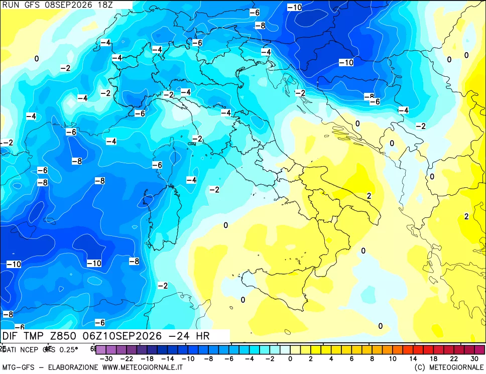 mappa Dif. Temp a 850 hPa Valid - Init