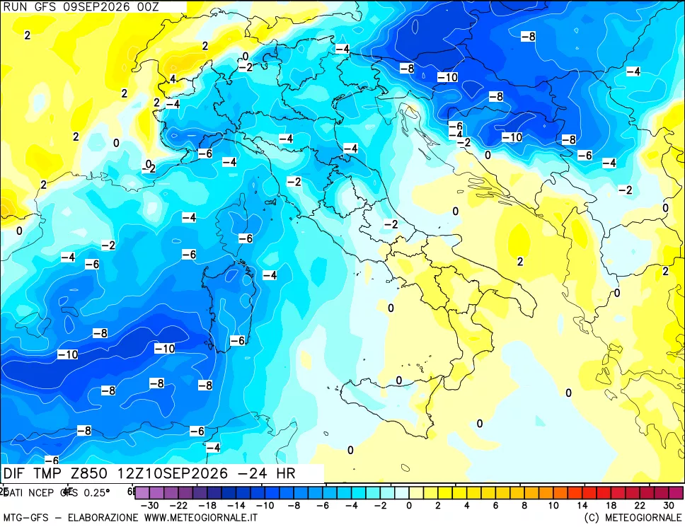 mappa Dif. Temp a 850 hPa Valid - Init