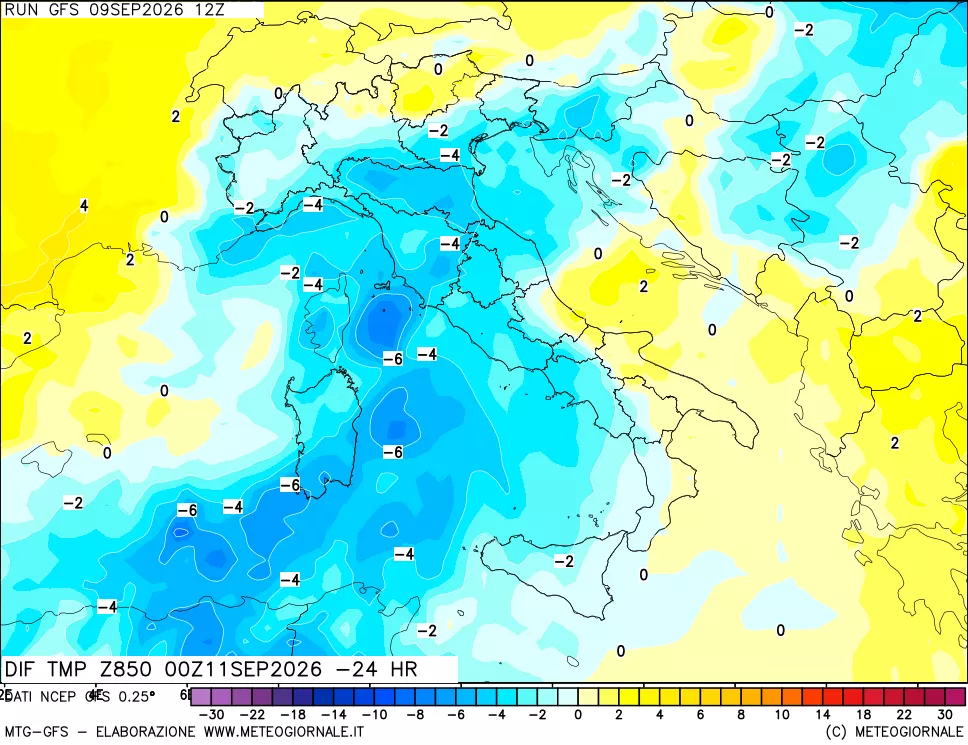 mappa Dif. Temp a 850 hPa Valid - Init