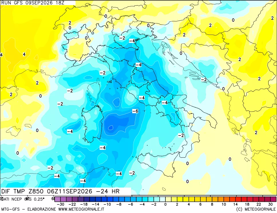 mappa Dif. Temp a 850 hPa Valid - Init