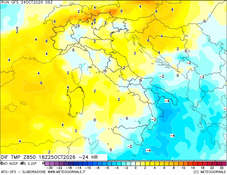 mappa Dif. Temp a 850 hPa Valid - Init
