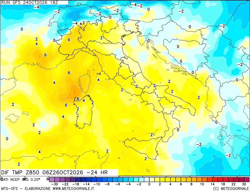 mappa Dif. Temp a 850 hPa Valid - Init