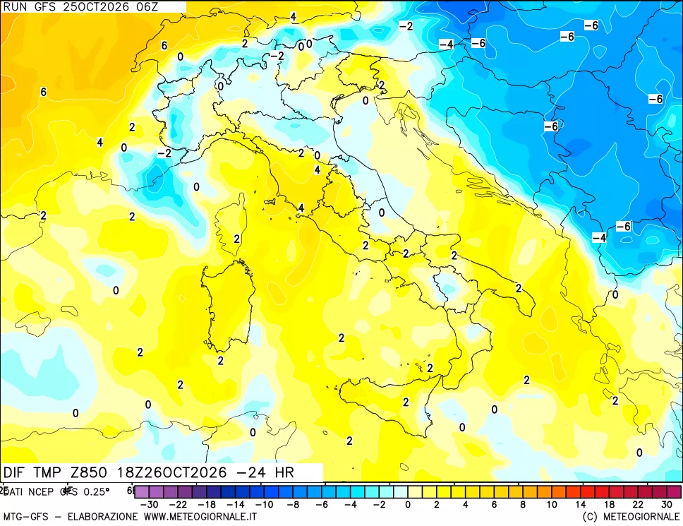 mappa Dif. Temp a 850 hPa Valid - Init