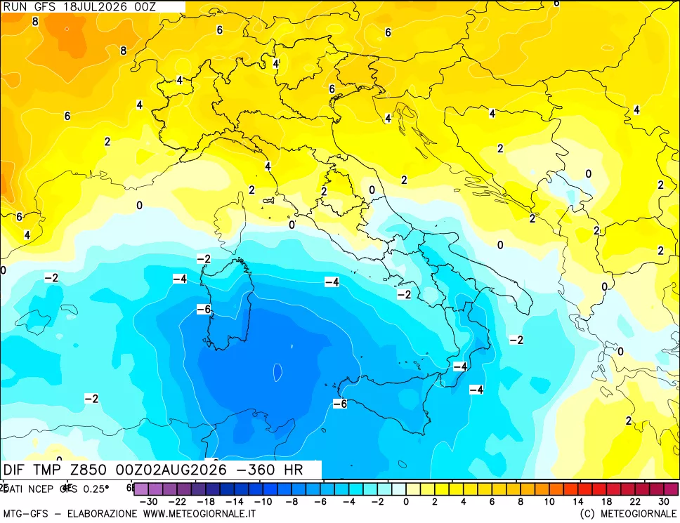 mappa Dif. Temp a 850 hPa Valid - Init