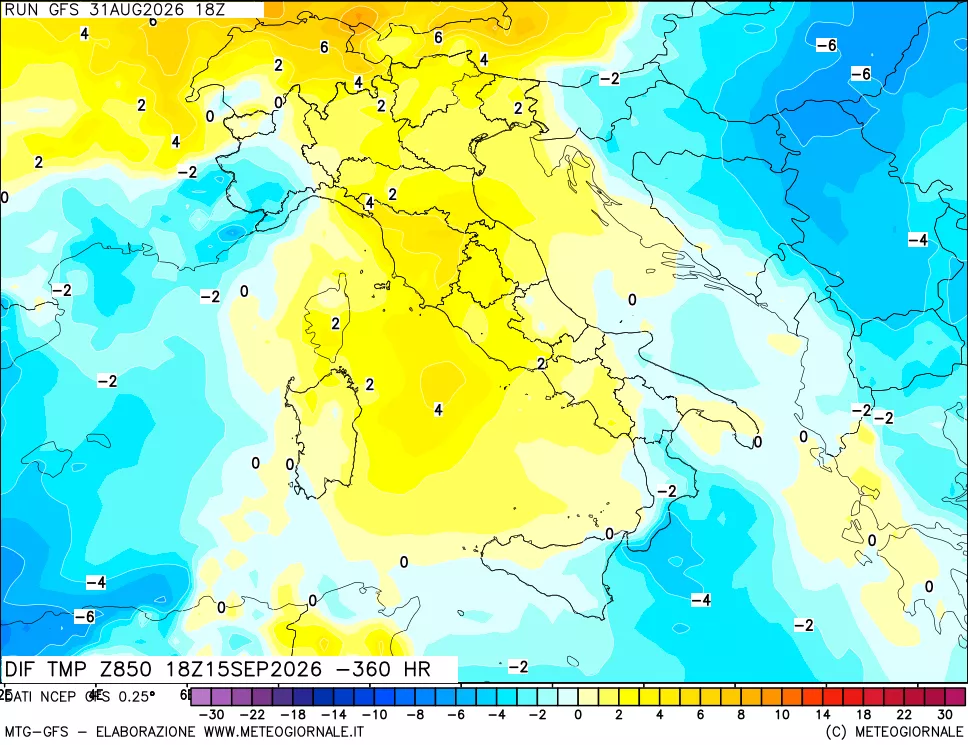 mappa Dif. Temp a 850 hPa Valid - Init