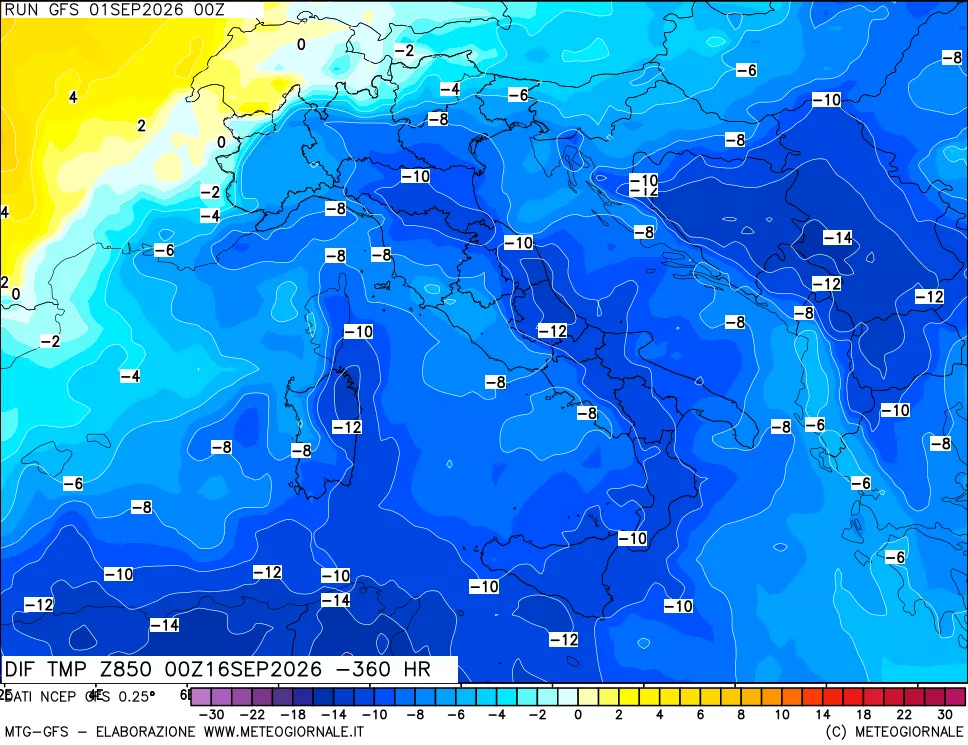 mappa Dif. Temp a 850 hPa Valid - Init