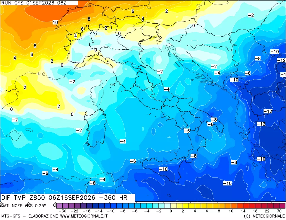 mappa Dif. Temp a 850 hPa Valid - Init