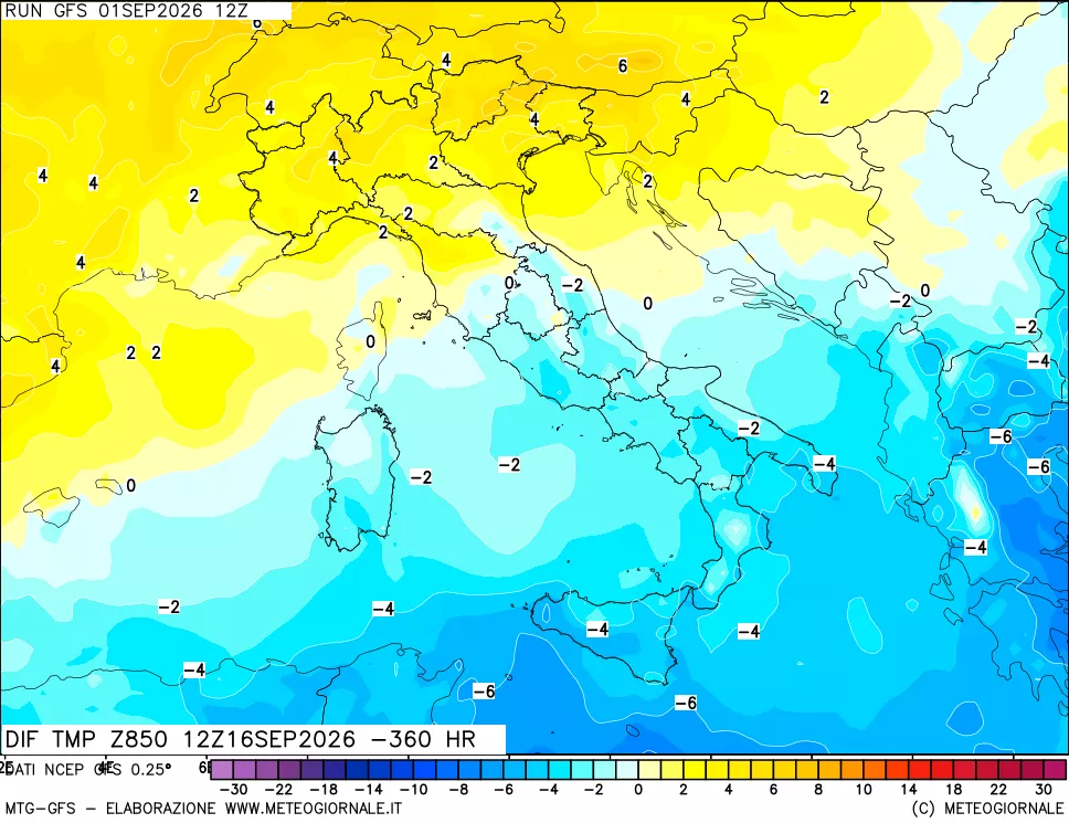 mappa Dif. Temp a 850 hPa Valid - Init