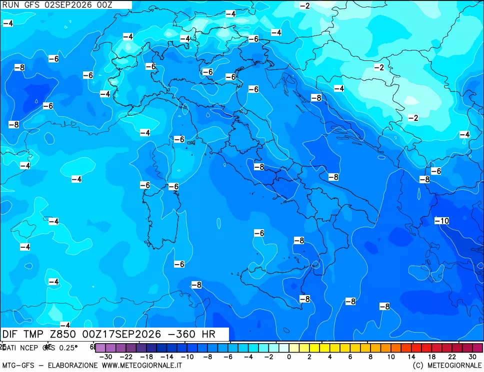 mappa Dif. Temp a 850 hPa Valid - Init