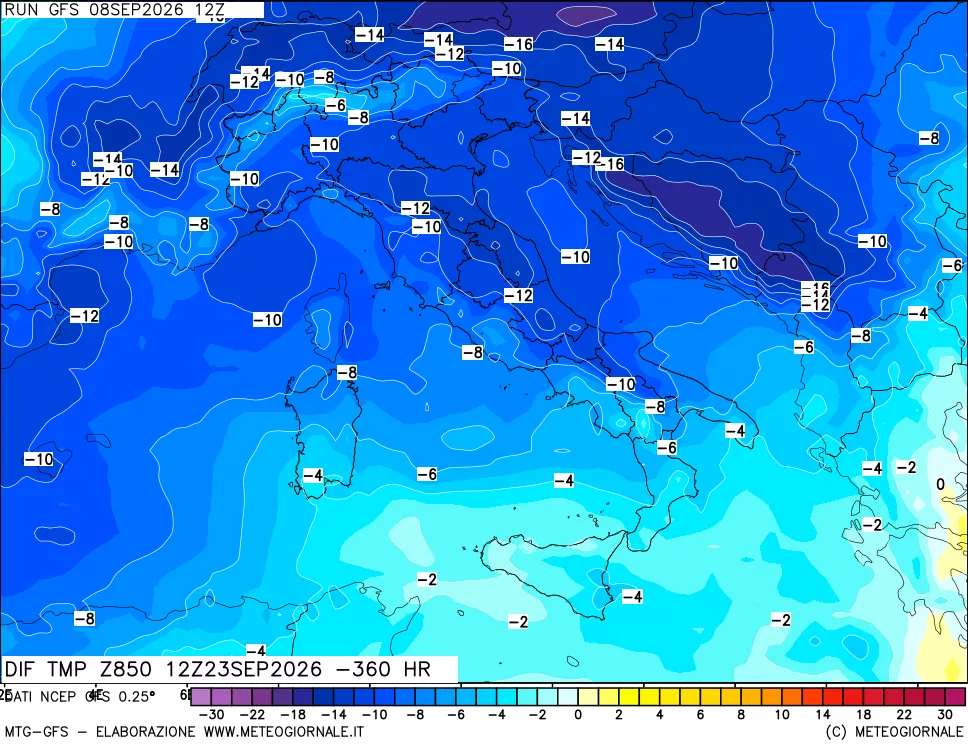 mappa Dif. Temp a 850 hPa Valid - Init