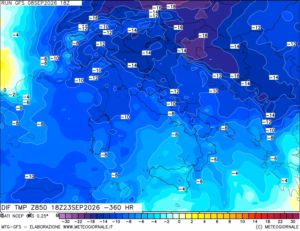 mappa Dif. Temp a 850 hPa Valid - Init
