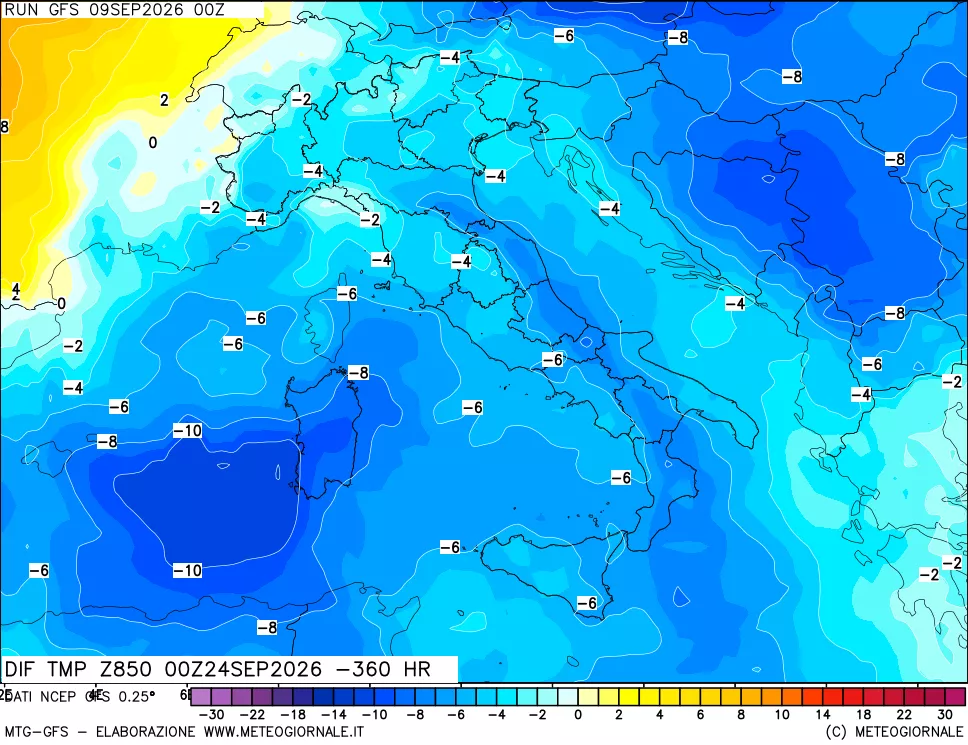 mappa Dif. Temp a 850 hPa Valid - Init