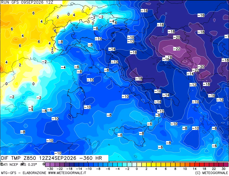 mappa Dif. Temp a 850 hPa Valid - Init