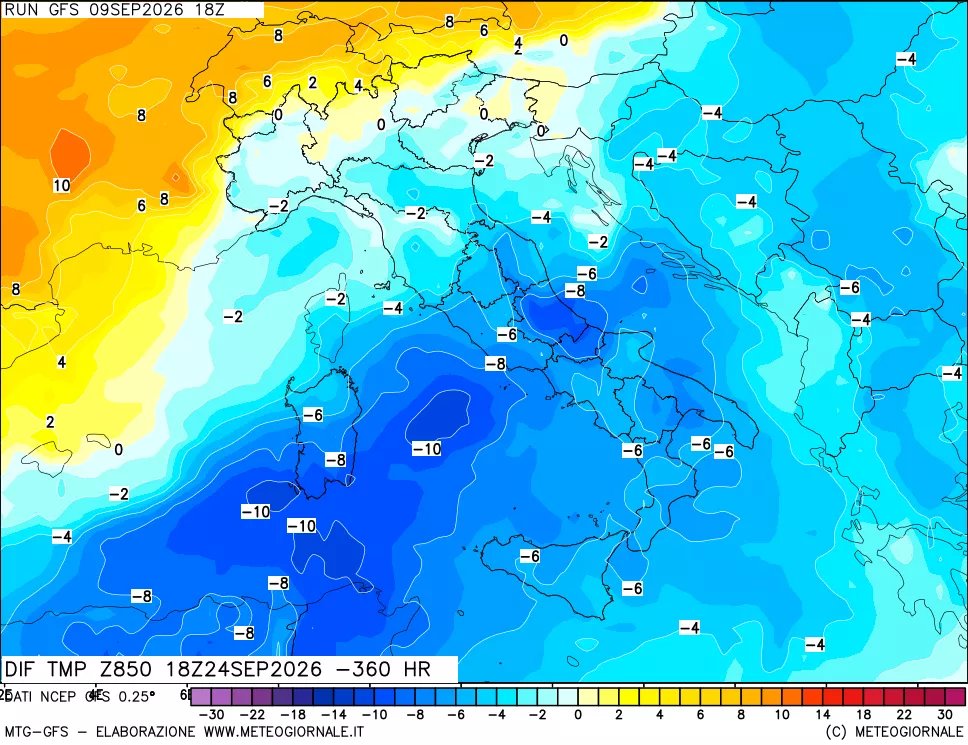 mappa Dif. Temp a 850 hPa Valid - Init