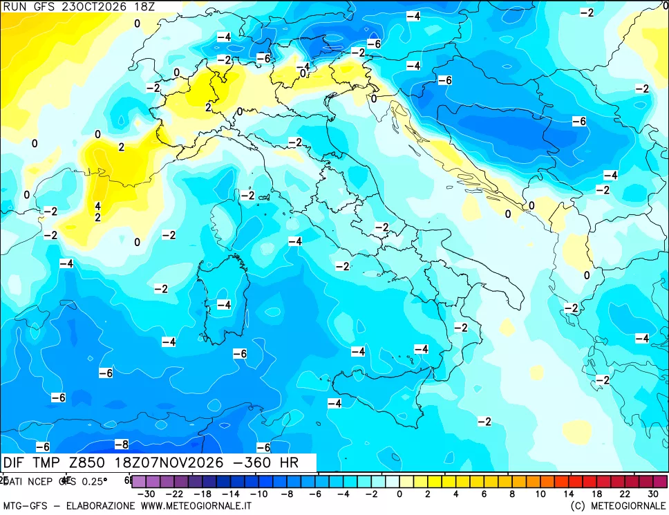mappa Dif. Temp a 850 hPa Valid - Init
