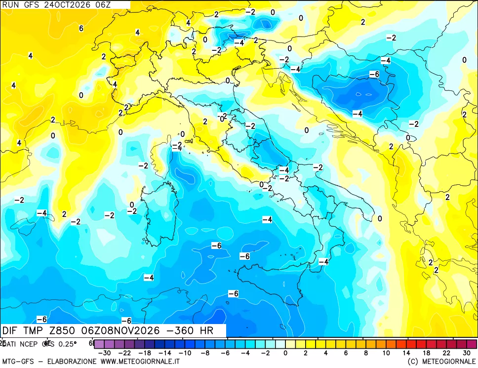 mappa Dif. Temp a 850 hPa Valid - Init
