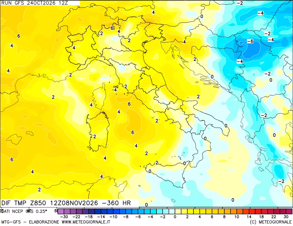 mappa Dif. Temp a 850 hPa Valid - Init