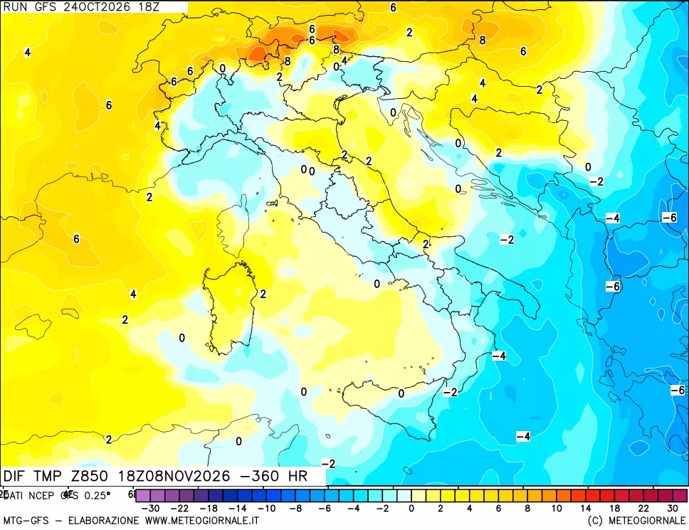 mappa Dif. Temp a 850 hPa Valid - Init