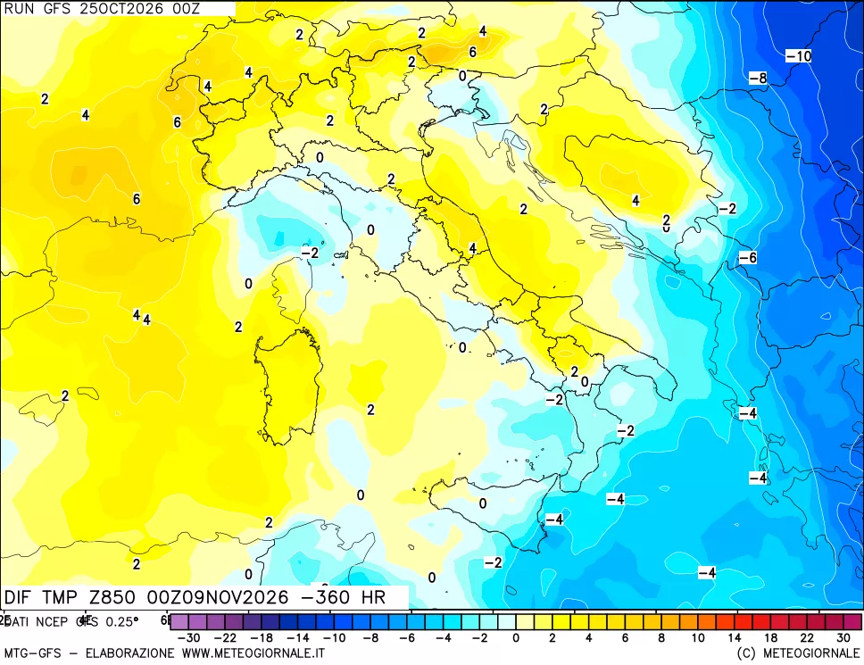 mappa Dif. Temp a 850 hPa Valid - Init