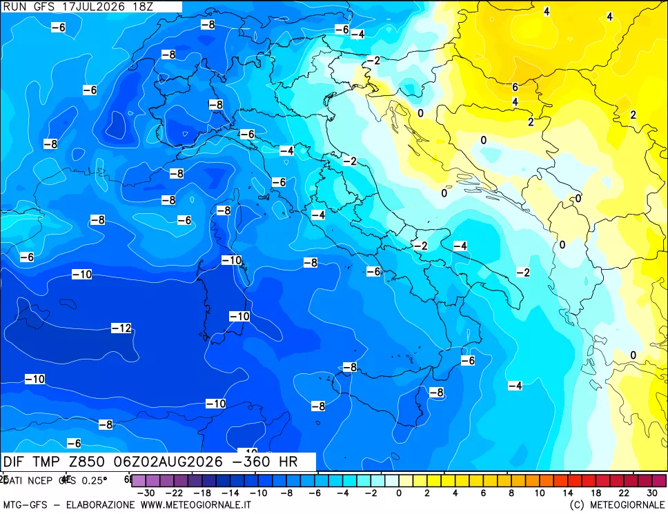 mappa Dif. Temp a 850 hPa Valid - Init