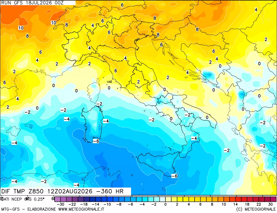 mappa Dif. Temp a 850 hPa Valid - Init