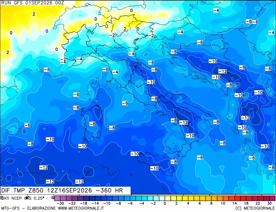 mappa Dif. Temp a 850 hPa Valid - Init