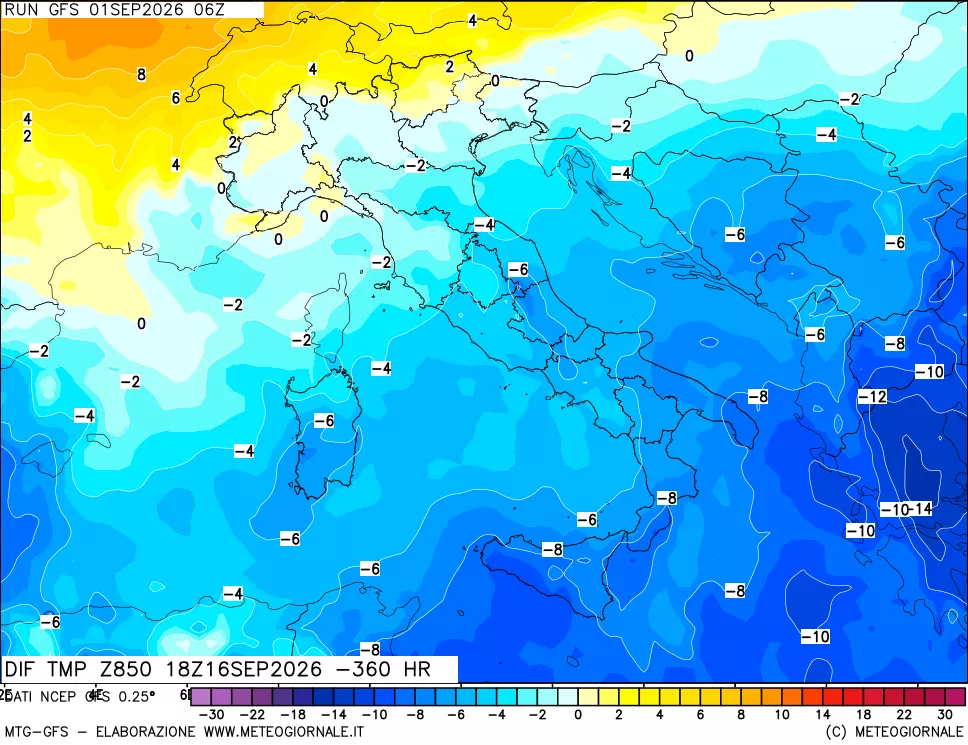 mappa Dif. Temp a 850 hPa Valid - Init
