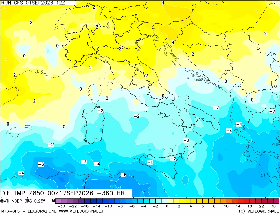 mappa Dif. Temp a 850 hPa Valid - Init