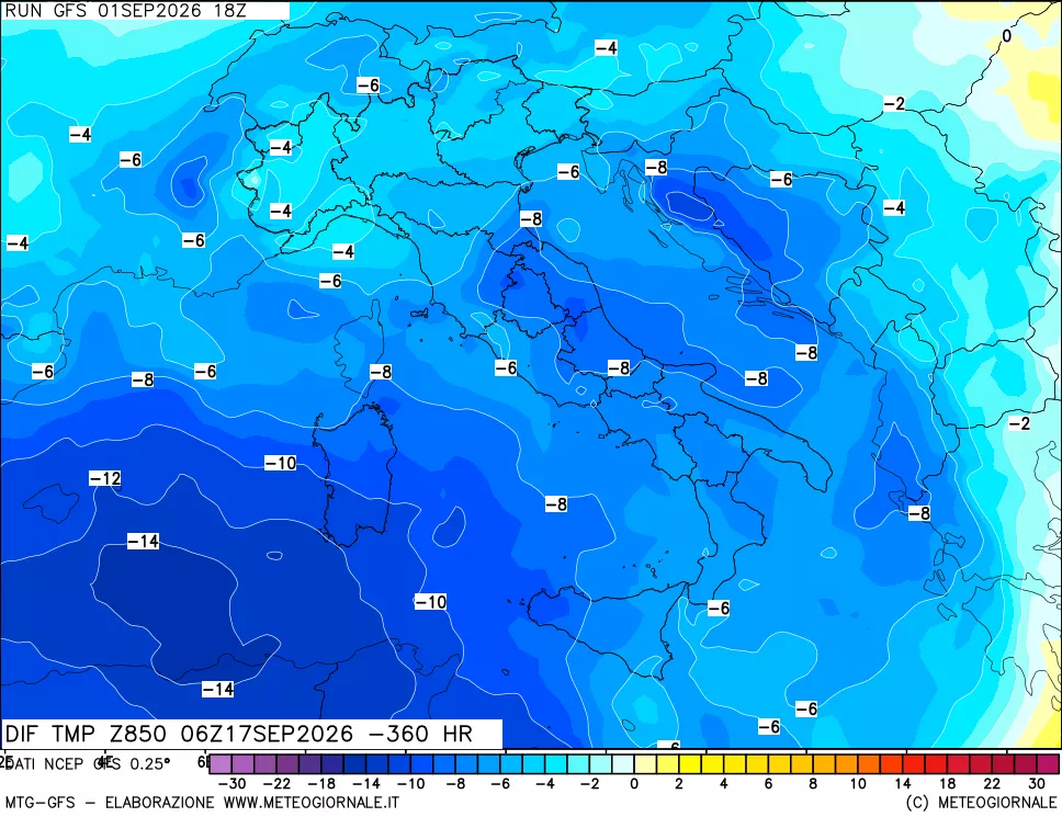 mappa Dif. Temp a 850 hPa Valid - Init