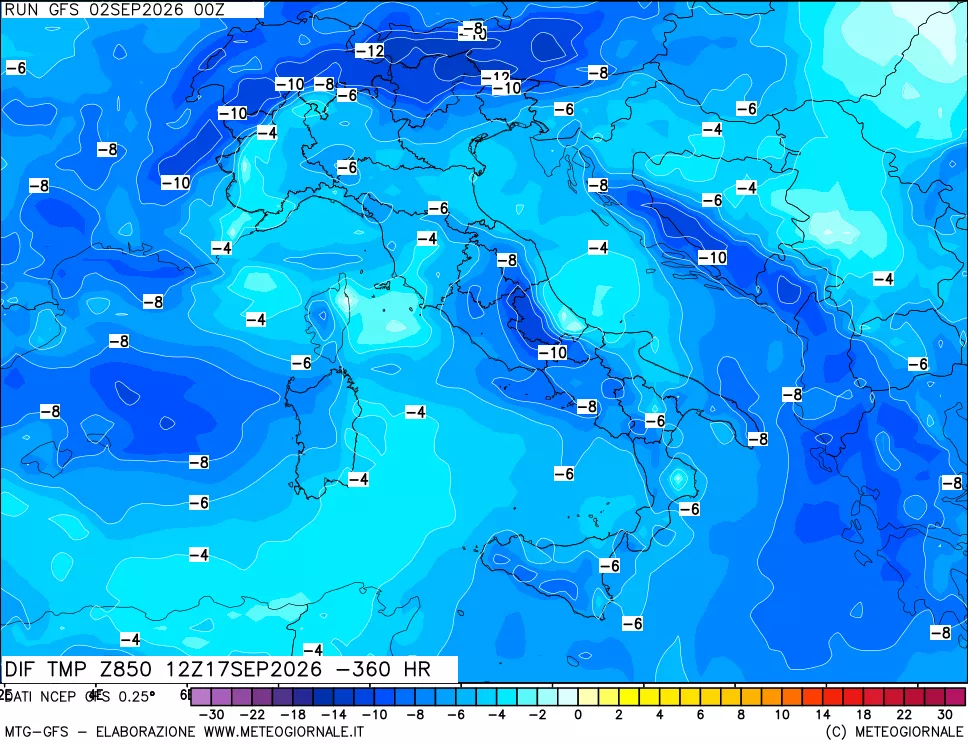 mappa Dif. Temp a 850 hPa Valid - Init