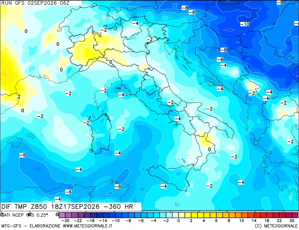 mappa Dif. Temp a 850 hPa Valid - Init