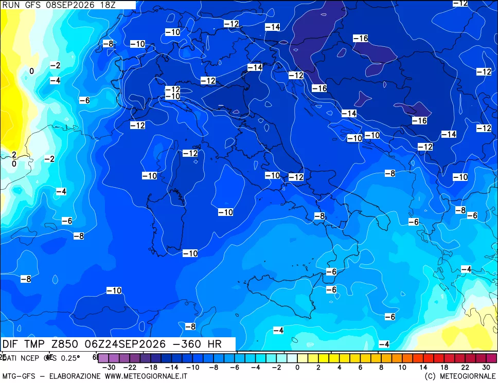 mappa Dif. Temp a 850 hPa Valid - Init