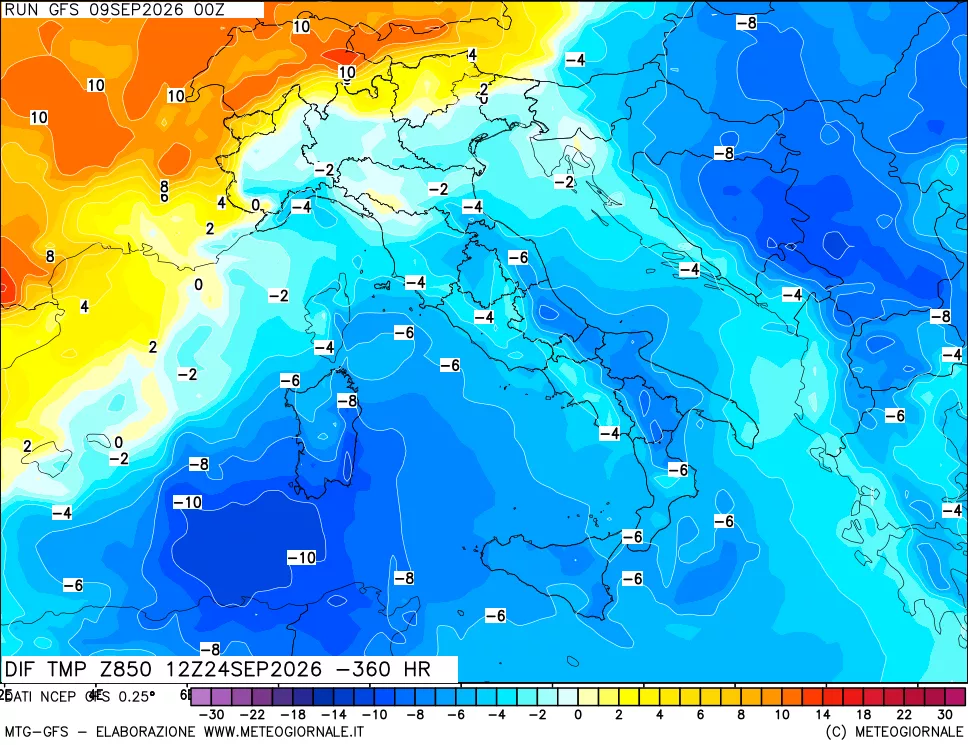 mappa Dif. Temp a 850 hPa Valid - Init