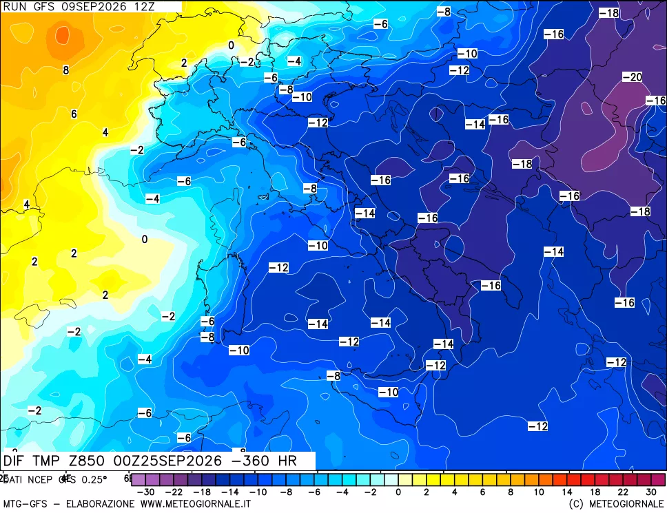 mappa Dif. Temp a 850 hPa Valid - Init