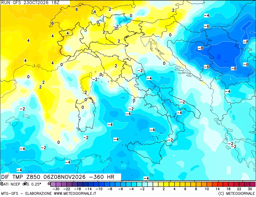 mappa Dif. Temp a 850 hPa Valid - Init