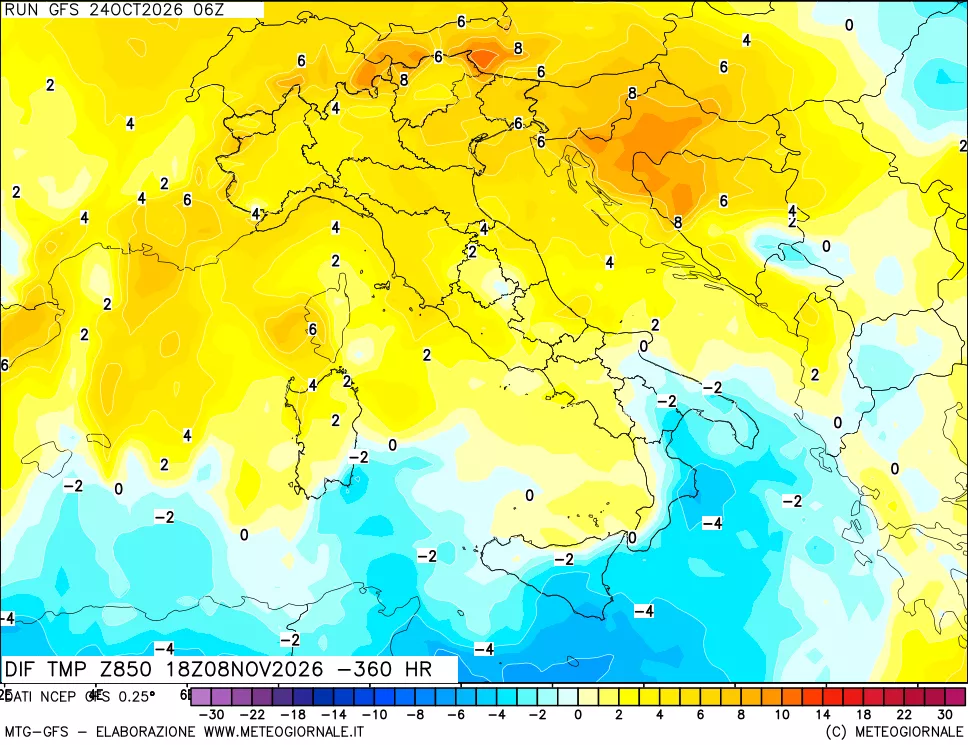 mappa Dif. Temp a 850 hPa Valid - Init